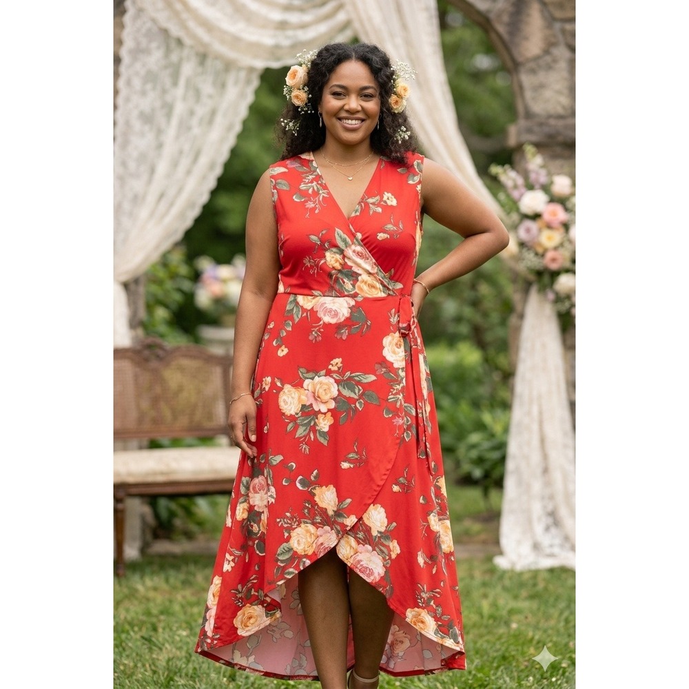 Cottage Floral Festive High Low Dress Wedding Guest Resortwear Size 3X Faux Wrap